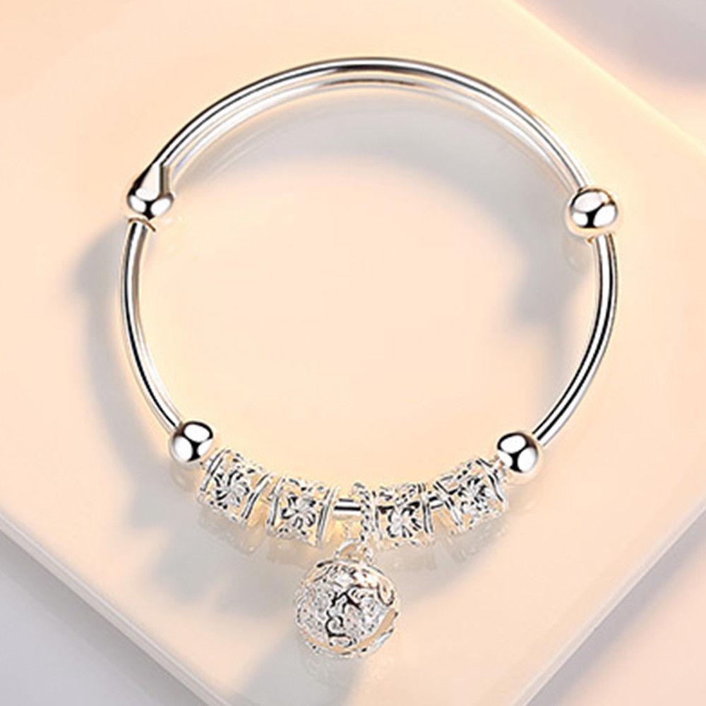 Fine 925 Sterling Silver hollow Bells ball bangles adjustable Bracelets