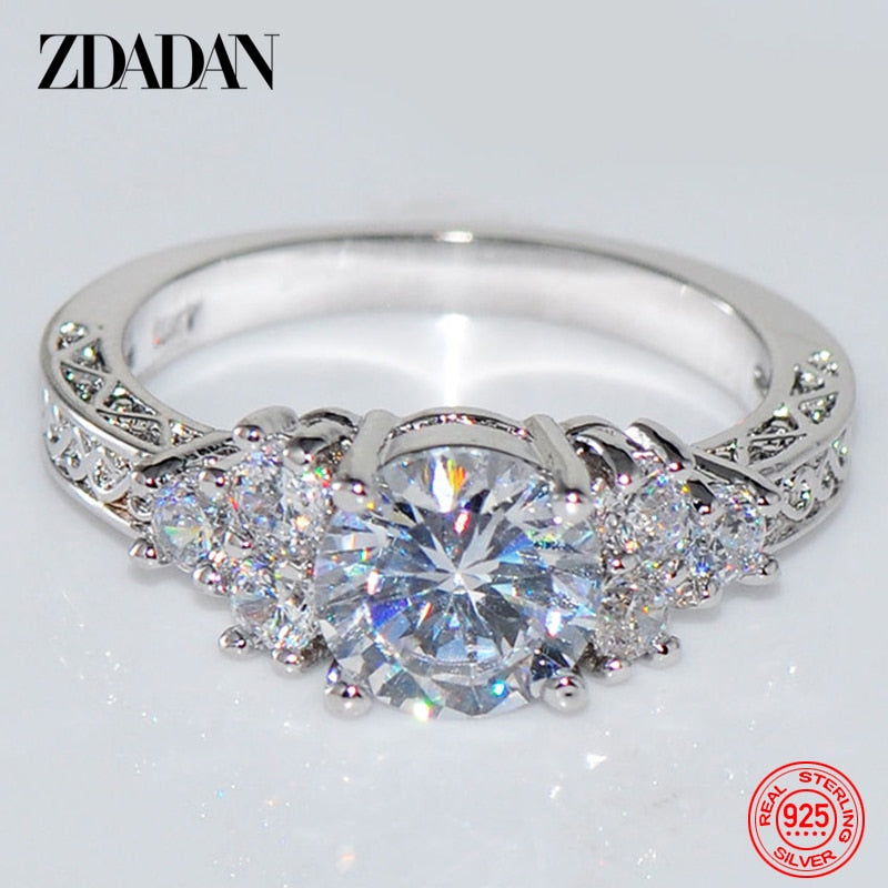 ZDADAN 925 Sterling Silver 8MM Zircon Finger Ring