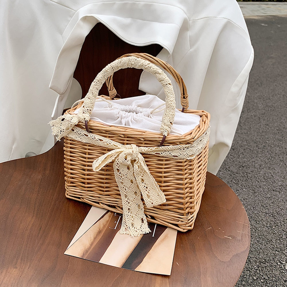 Straw Rattan Handmade Pearl Beads Tote Bag