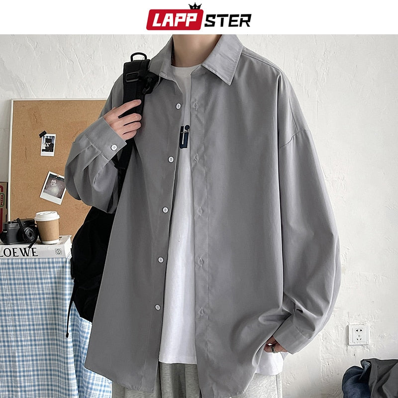 LAPPSTER Men Korean Fashion White Long Sleeve Shirts