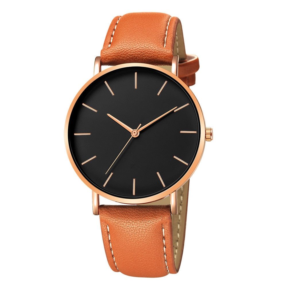 New Fashion Simple Leather Gold Silver Dial Men Quartz Watch