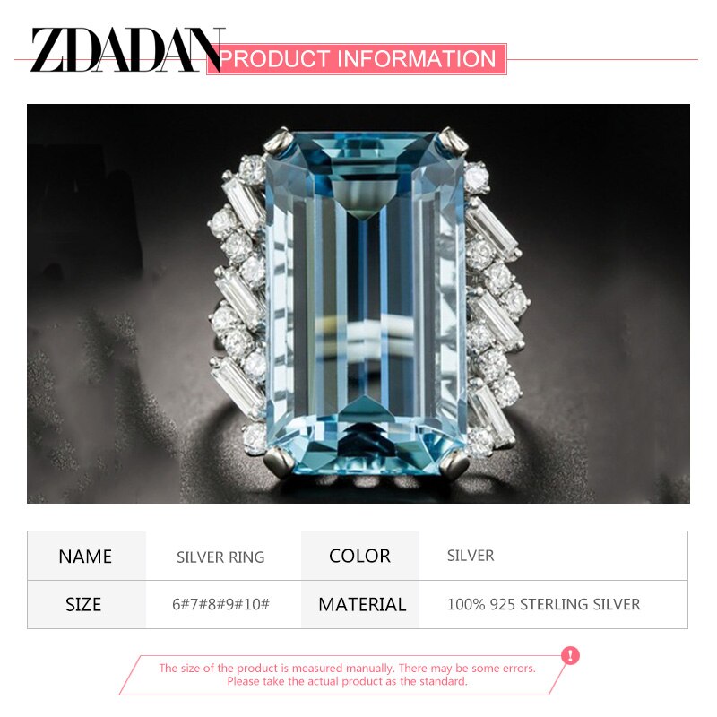 ZDADAN 925 Sterling Silver Charm Square Aquamarine Ring