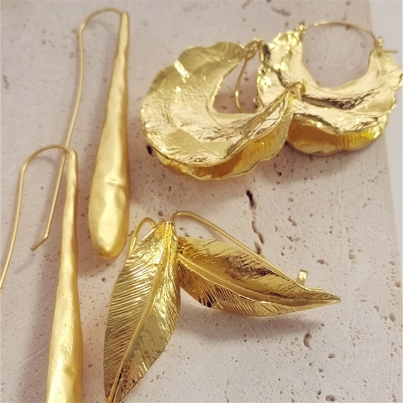 Retro Golden Metal Leaf Stud Earrings