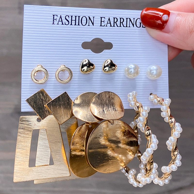 17KM Vintage Geometric Gold Plated Metal Earrings Set