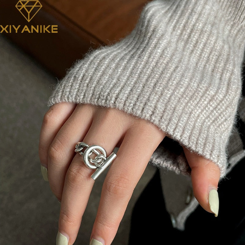 XIYANIKE Unique OT Buckle Chain Fashion Multi-layer Cross Round Silver Ring