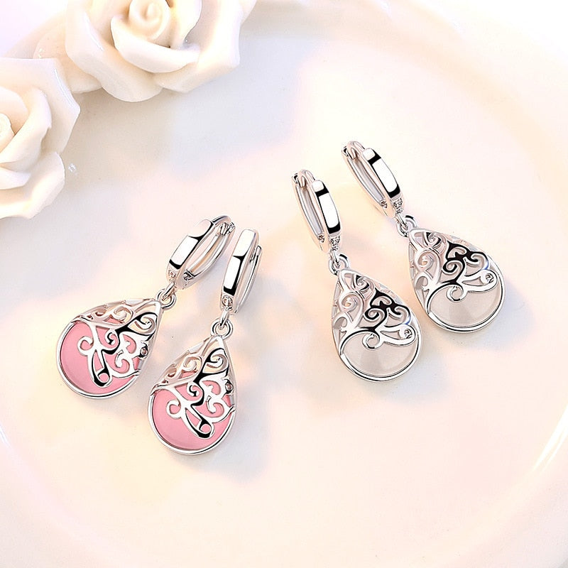 Trendy Opal Stone Flower Sterling Silver Earrings