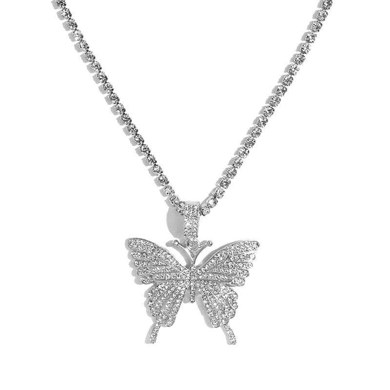 Gold Silver Color Butterfly Pendant Necklace Female Shiny Crystal Clavicle Chain Necklace