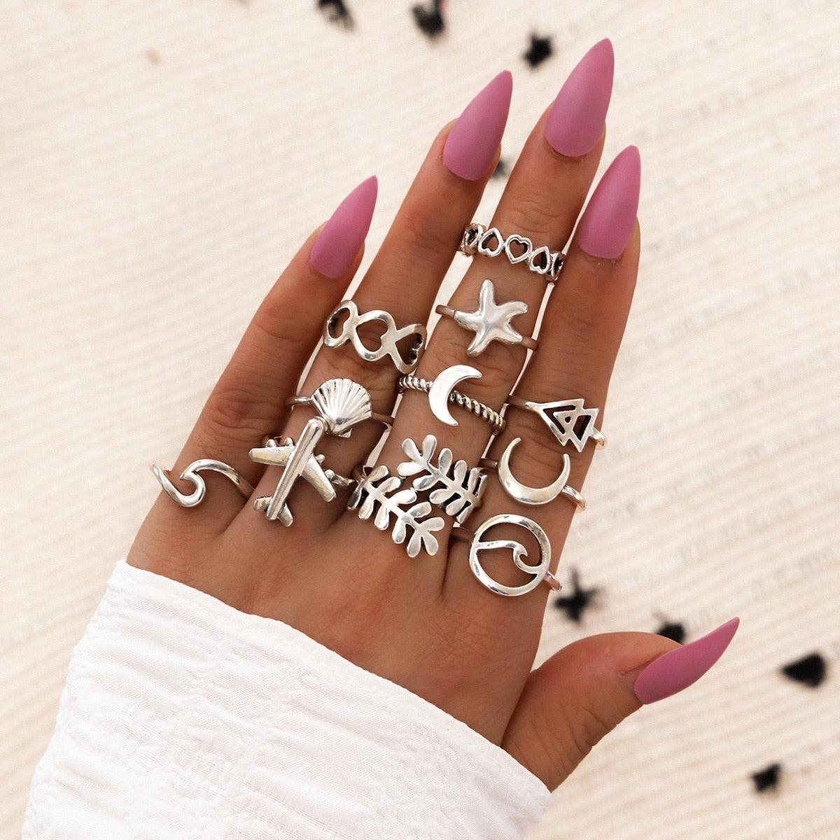 14 Pcs/Set Neo-Gothic Mixed Feather Elephant Star Moon Sun Ring