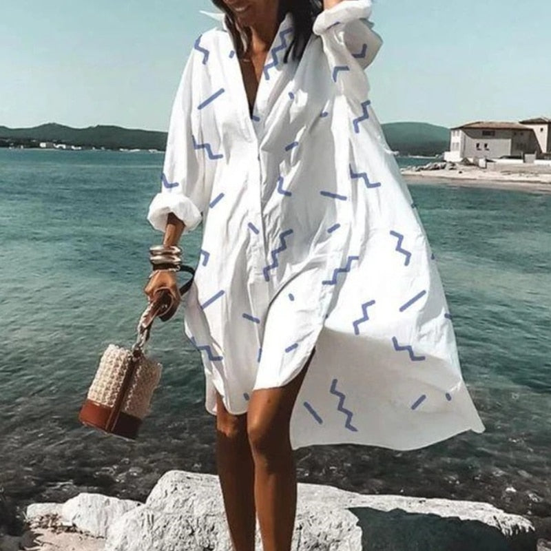 Summer Women Dresses Turn-down Collar Print Casual Long Sleeve Shirt Dress Oversized Loose Beach