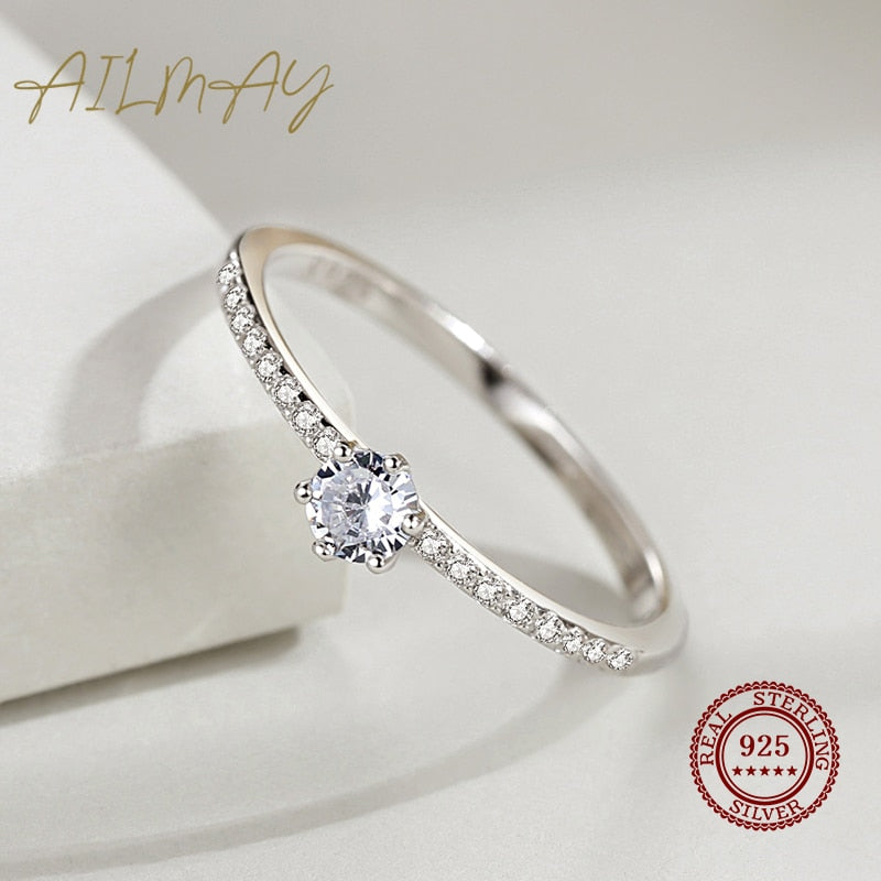 Ailmay Real 925 Sterling Silver Simple Sparkling Round Clear Zircon Ring For Women Classic Luxury Wedding Accessories Jewelry