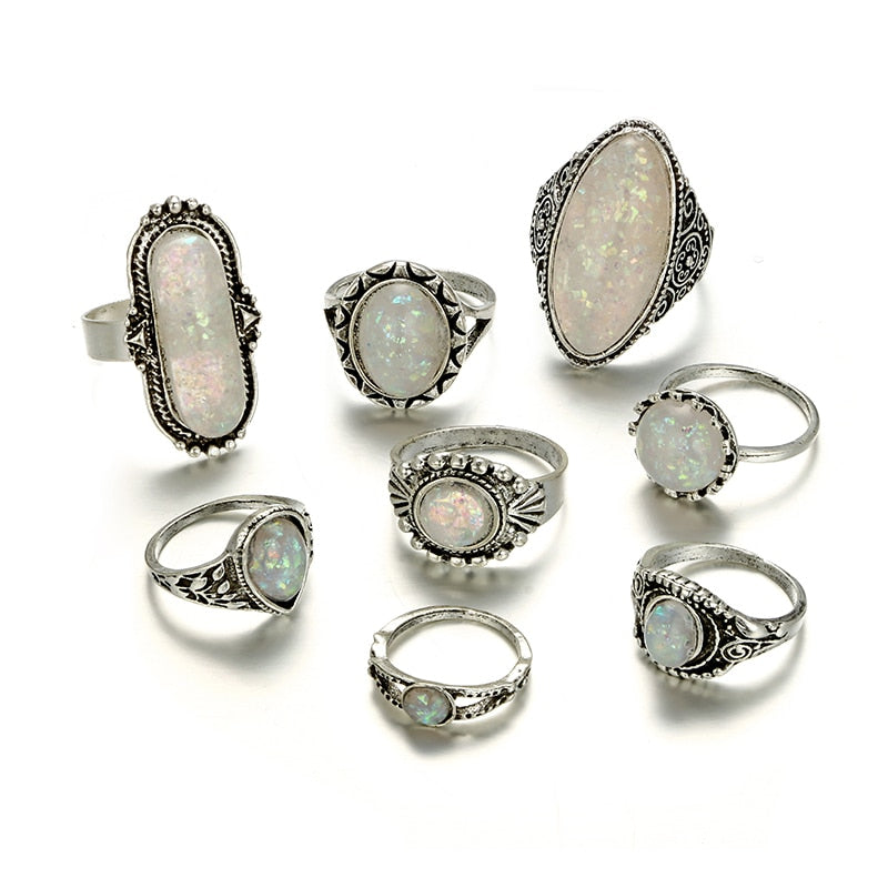 Tocona Vintage Antique Silver Color Rings Sets Colorful Opal Crystal Stone Carve