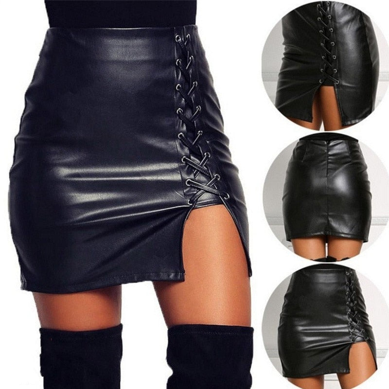 Above Knee Black PU Leather High Waist Bodycon Front Split Mini Skirt