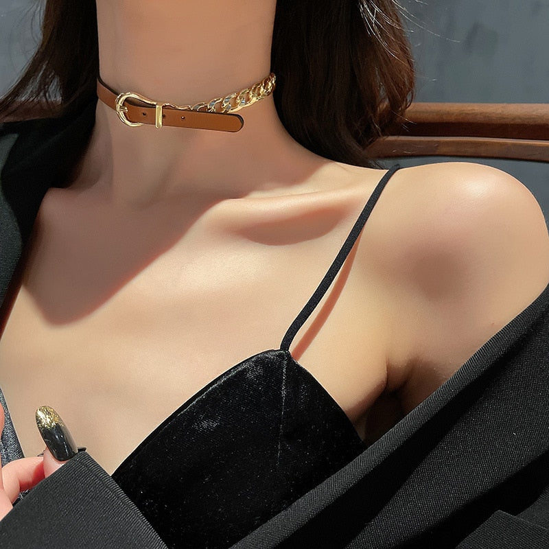 Amorcome Women Punk PU Leather Choker Chain Collar Necklace