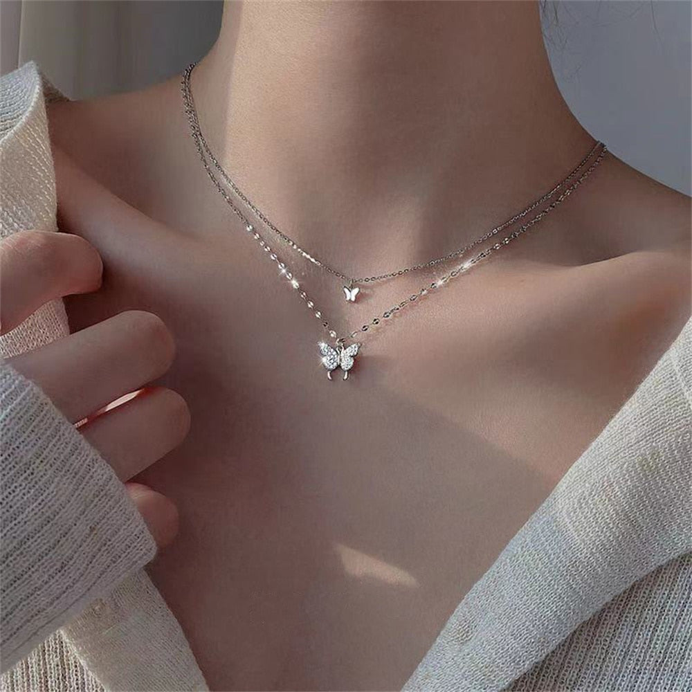 New Shiny Butterfly Double Layer Clavicle Chain Necklace