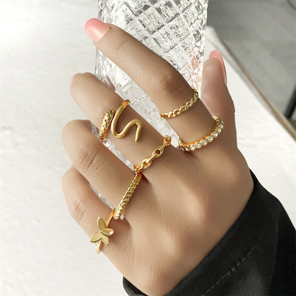 FNIO Bohemian Gold Color Chain Rings Set