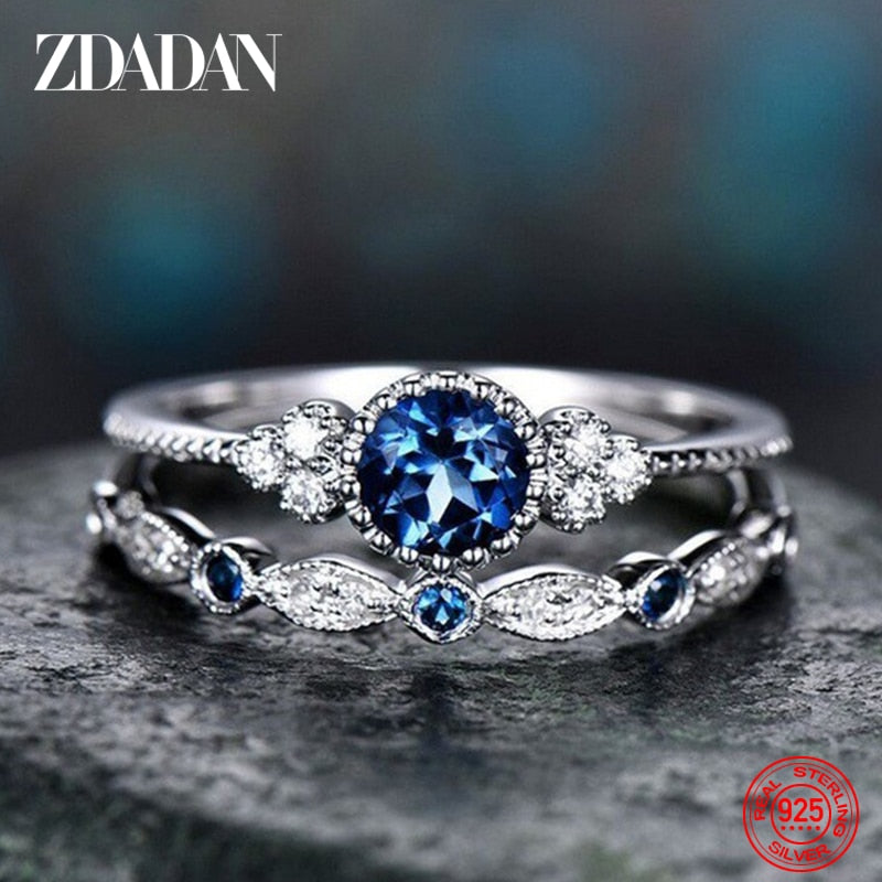 ZDADAN 925 Sterling Silver Emerald Zircon Charm Blue Gemstone Ring