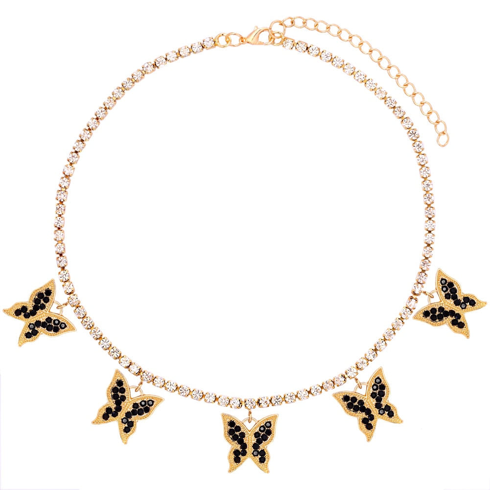 Gold Silver Color Butterfly Pendant Necklace Female Shiny Crystal Clavicle Chain Necklace