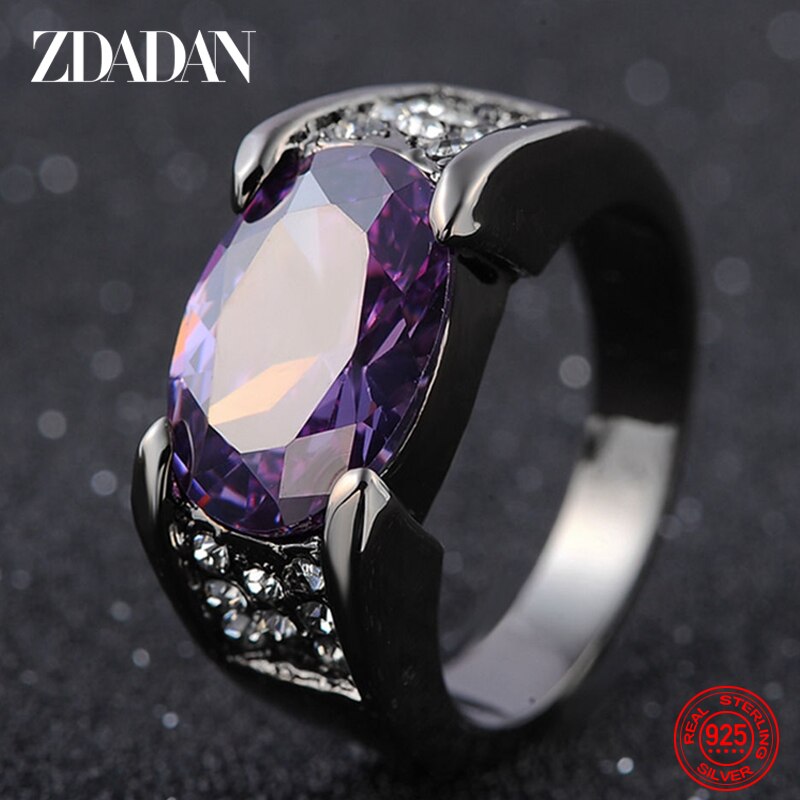 ZDADAN 925 Sterling Silver Red Purple Crystal Ring