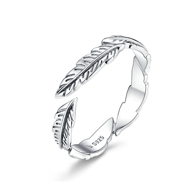 BAMOER 925 Sterling Silver Feather Wings Adjustable Finger Ring