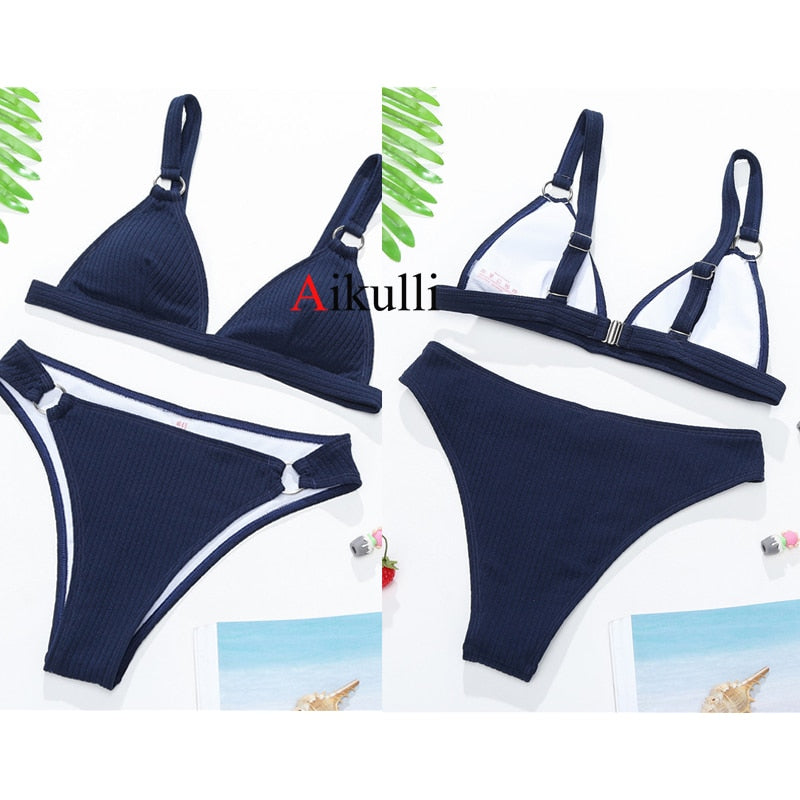 Sexy Ribbed Ring Push Up Bikinis Swimsuit Women