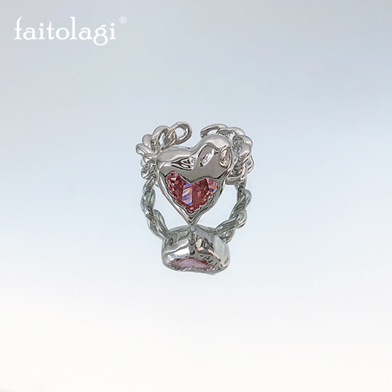Pink Crystal Irregular Heart Ring Y2K Creative Blue Opal Broken Heart Ring