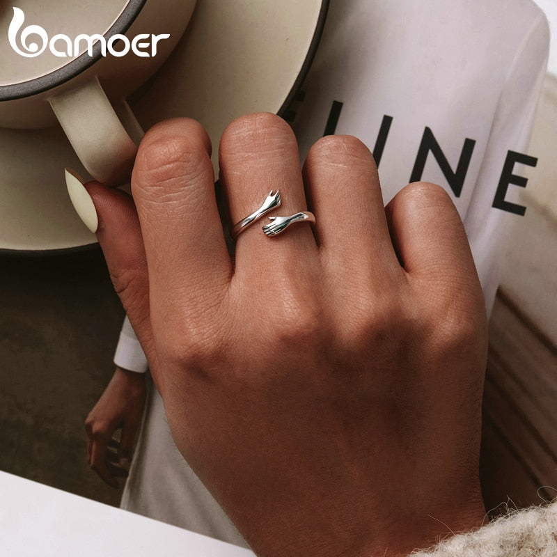 bamoer 925 Sterling Silver Hug Warmth and Love Hand Adjustable Ring