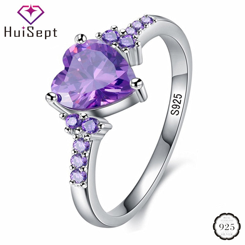 HuiSept 925 Silver Jewelry Heart Shape Amethyst Gemstone Ring