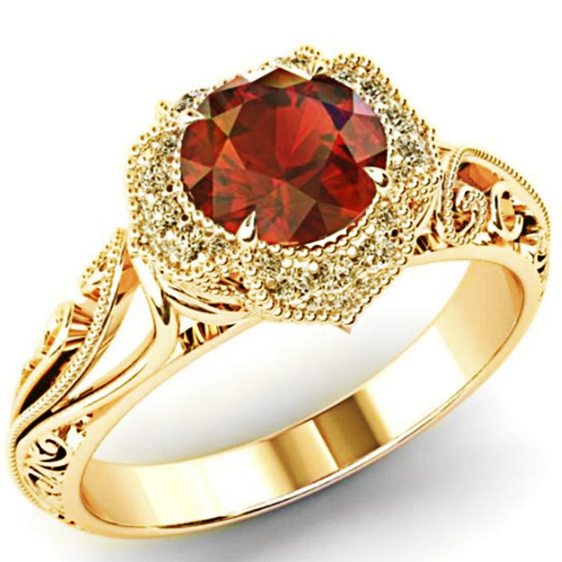 Luxury 3 Colors Fashion Inlaid Engraved Red Zirconia Pattern Hollow Ring