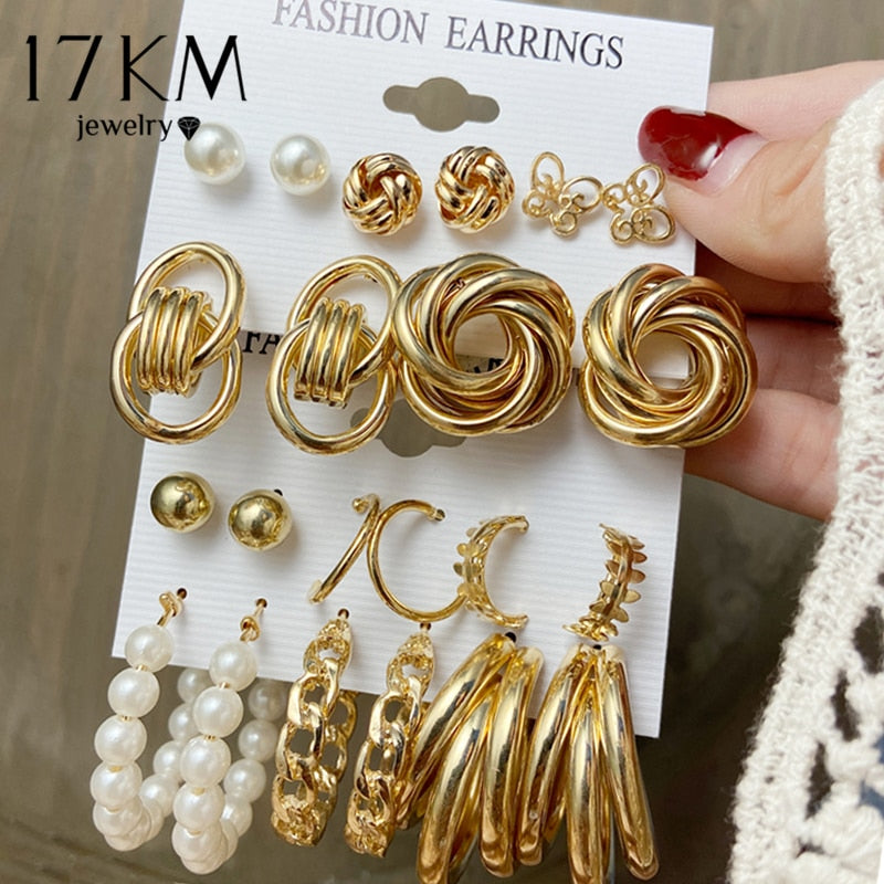 17KM Vintage Geometric Gold Plated Metal Earrings Set