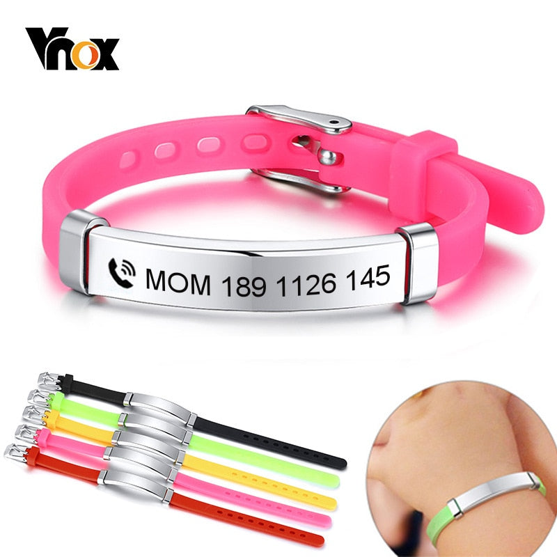Vnox Personalize Soft Silicone Rudder Stainless Steel Kids Baby ID Bracelets