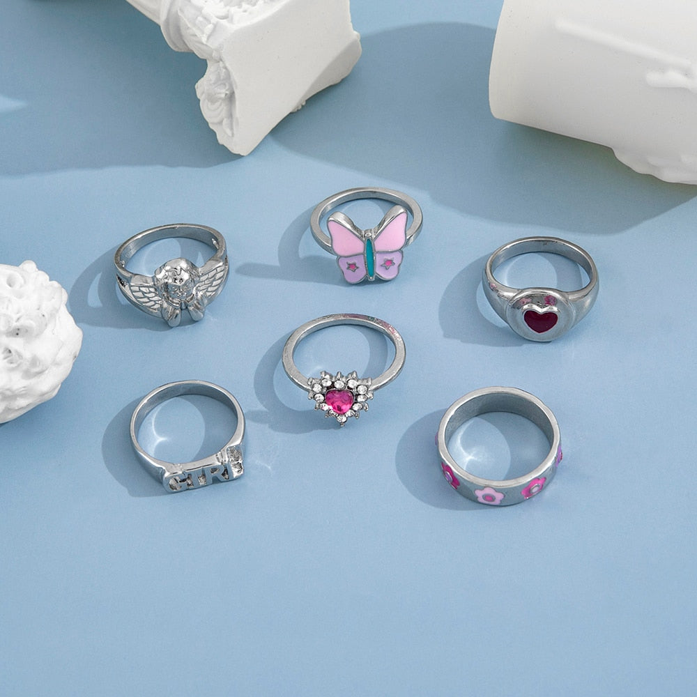 Aprilwell Cute Pink Butterfly Ring Set for Women