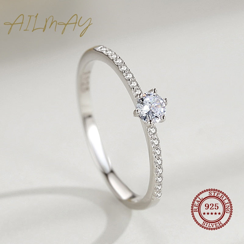 925 Sterling Silver Simple Sparkling Round Clear Zircon Ring