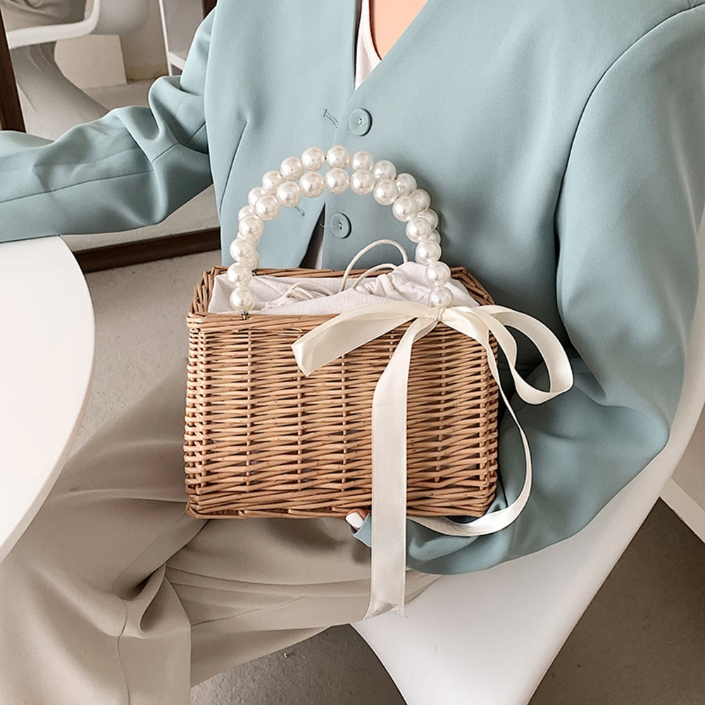 Straw Rattan Handmade Pearl Beads Tote Bag