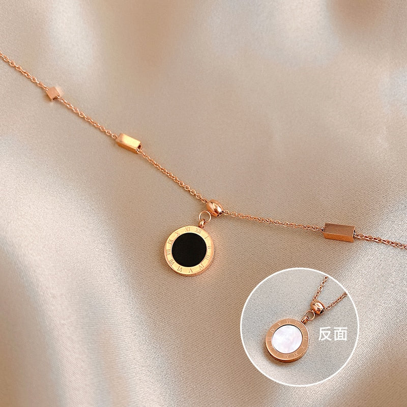 Classic Titanium Steel Roman Numeral Black And White Disc Pendant