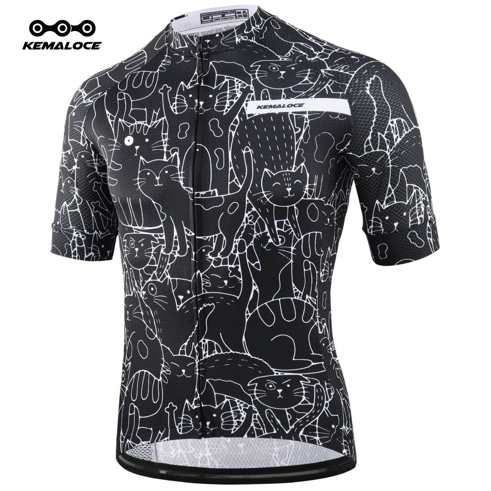 KEMALOCE Breathable Unisex White Cartoon Cat Cycling Jersey Spring