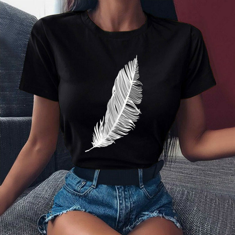 Casual Harajuku Fashion T-shirt Feather Print Loose O-neck Short Sleeve