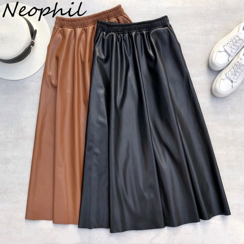 Neophil 80cm Women Leather Elastic Waist A-Line Flare Long Skirt