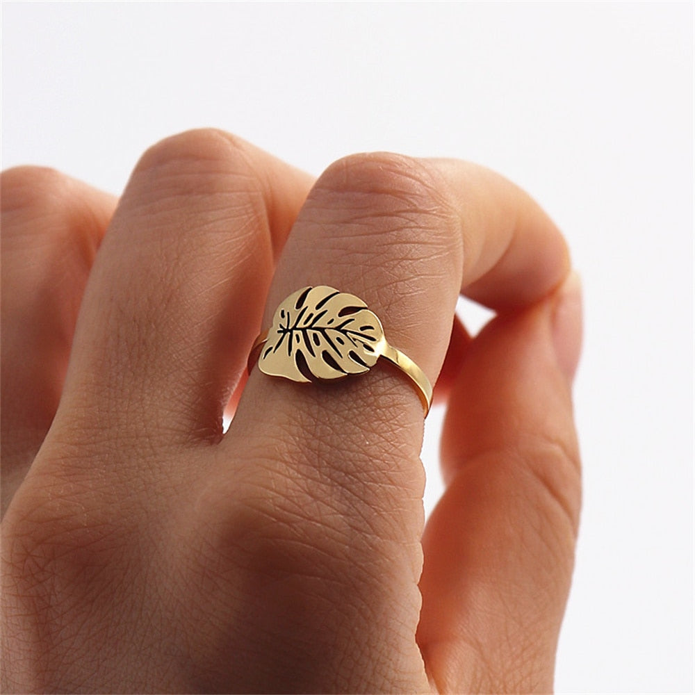 Tropical Leaf Gold Palm Leaf Stainless Steel Rings