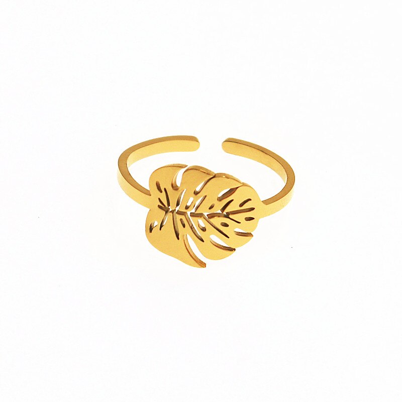 Tropical Leaf Gold Palm Leaf Stainless Steel Rings