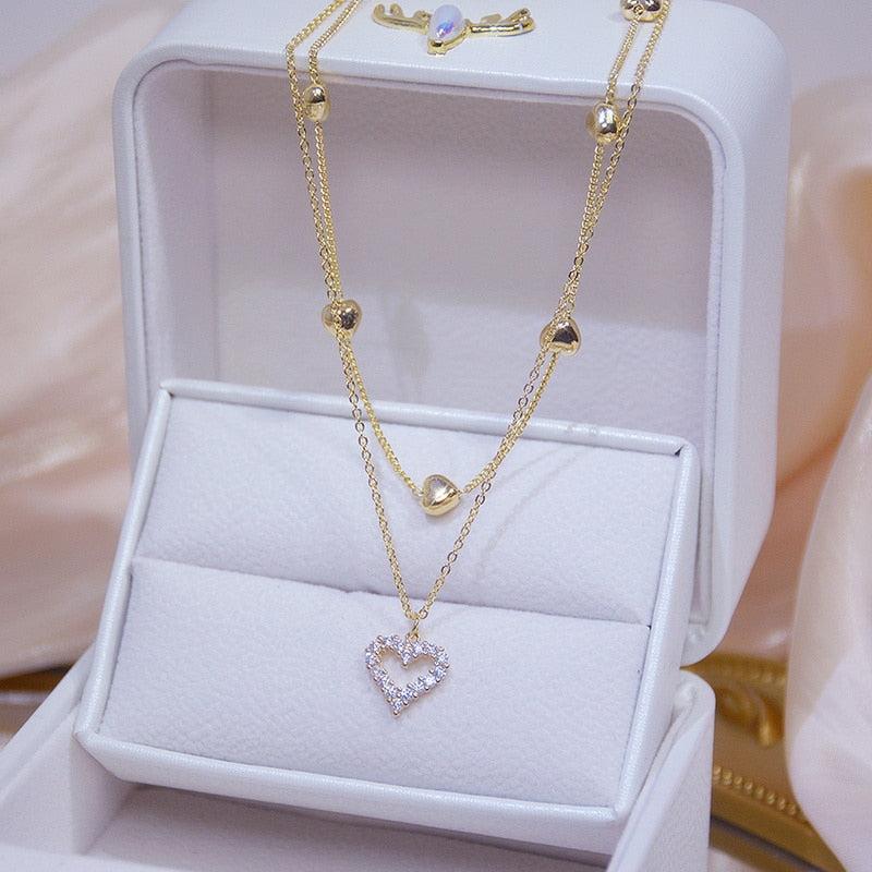 Shiny Bling Zircon Double Layer Heart Clavicle Chain Necklace