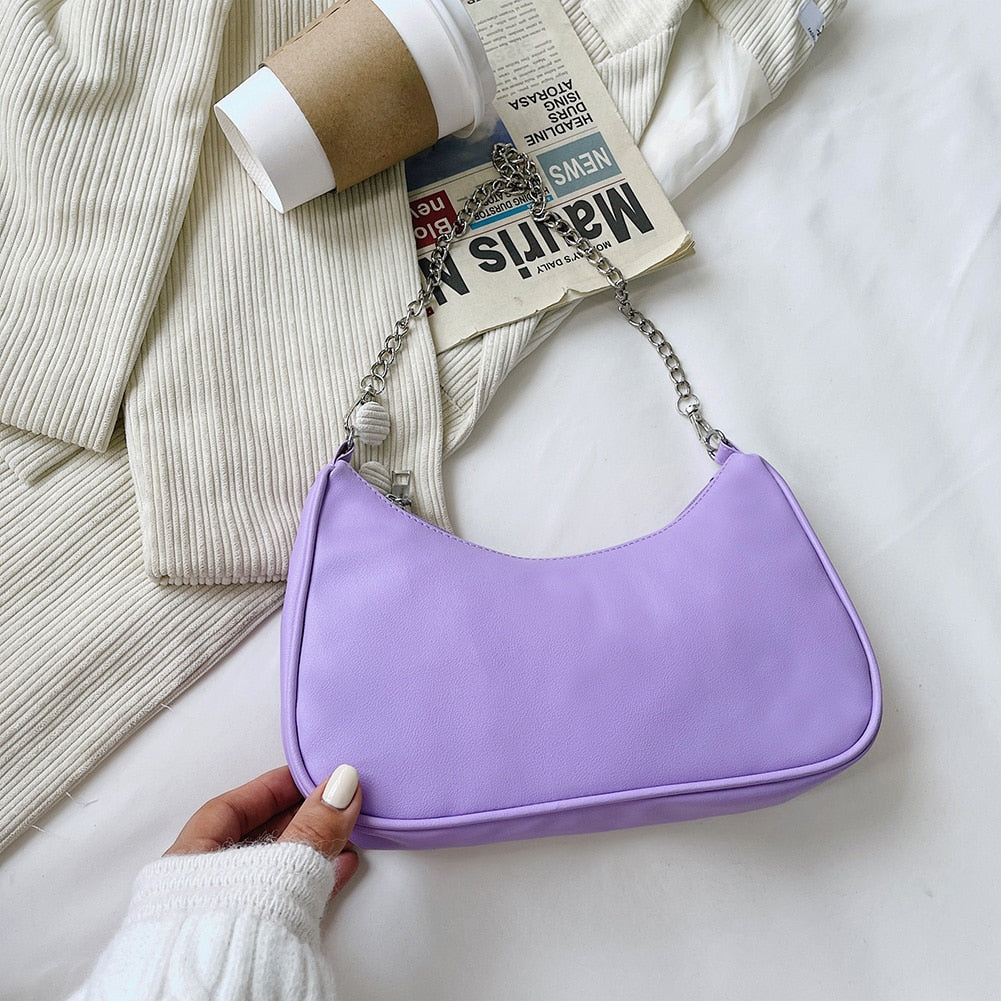 PU Leather Solid Color Chain Shopper Shoulder Bags