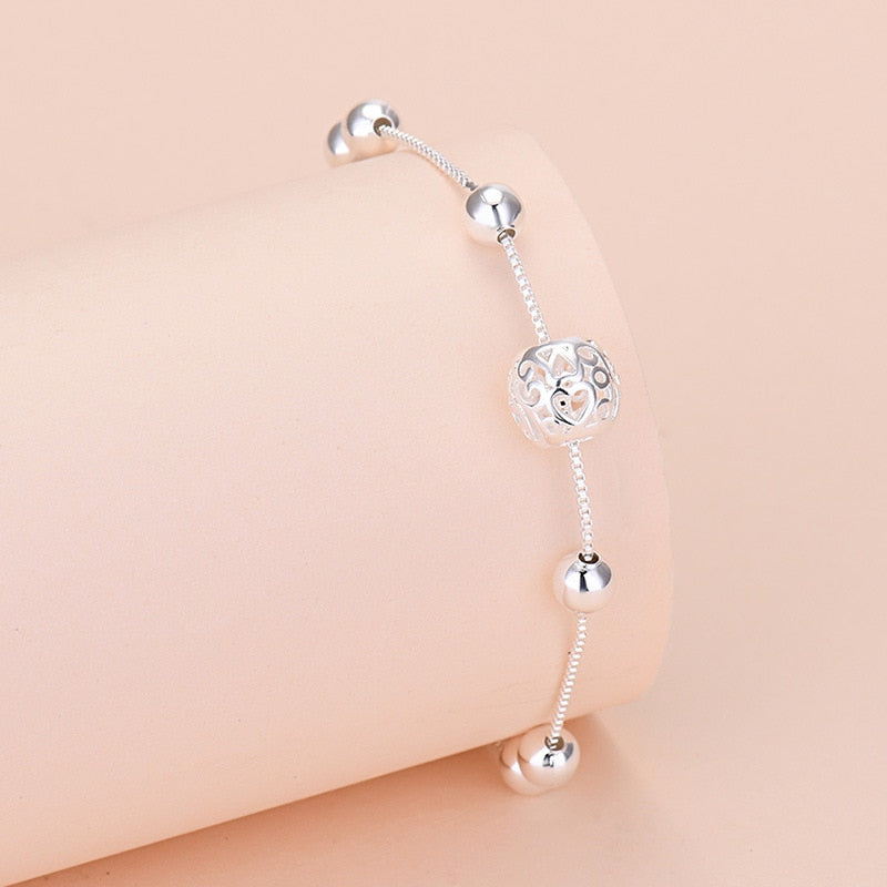 Pure Silver Hollow Bead Chain Bracelet