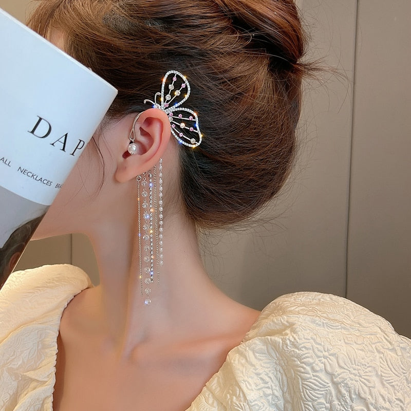 Luxury Shiny Crystal Rhinestone Long Tassel Ear Cuff Earing