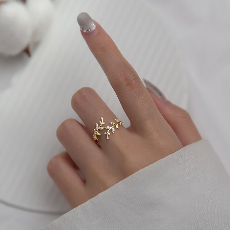 VENTFILLE 925 Sterling Silver small leaves micro-insert opening ring