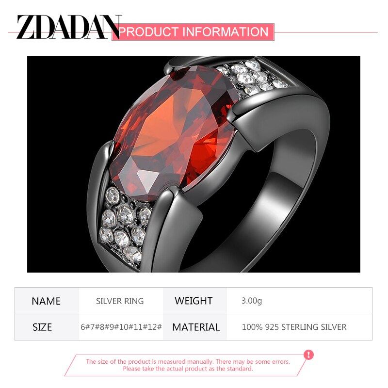 ZDADAN 925 Sterling Silver Red Purple Crystal Ring
