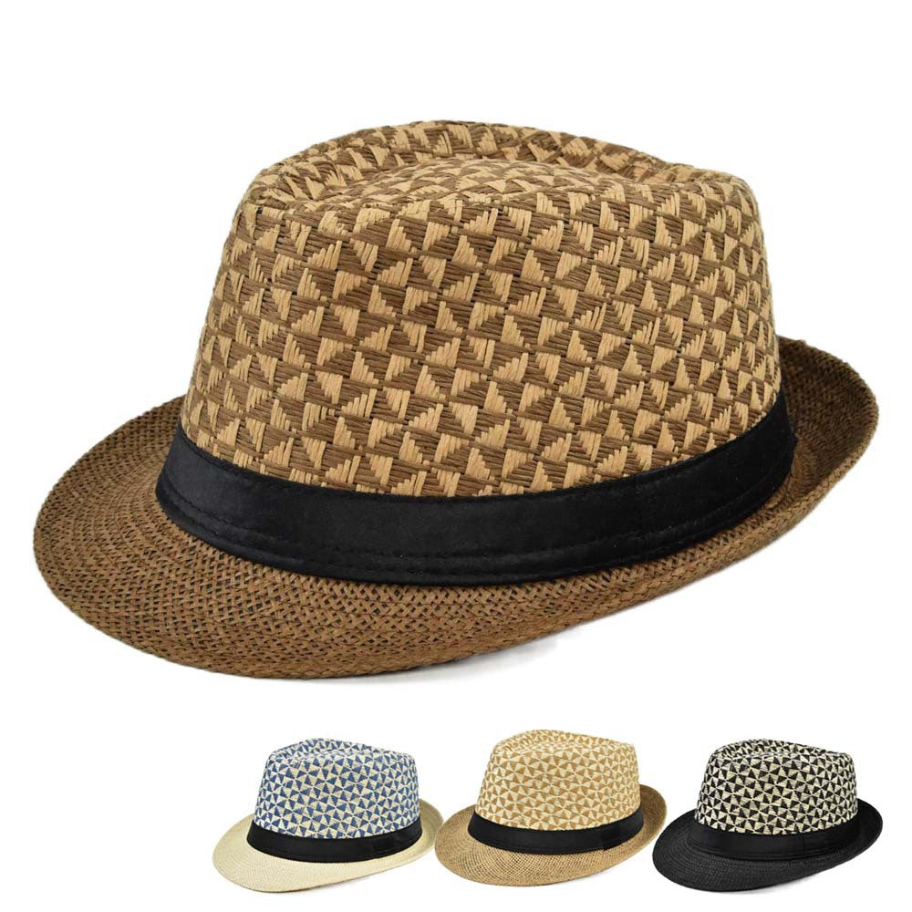 Billycock Fedora Hat Straw Hat Plaid Hat Spring Summer Sun Hat Hemming Straw Hat for Men and Women