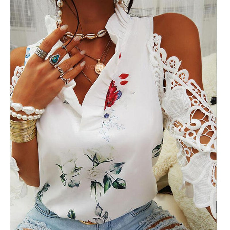 Sexy Hollow Out Printed V-Neck Elegant Short Sleeve Lace Shirt