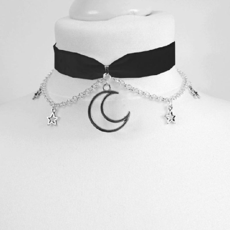 Goth Dainty Chain Crescent Moon and Stars Choker Witch Necklace
