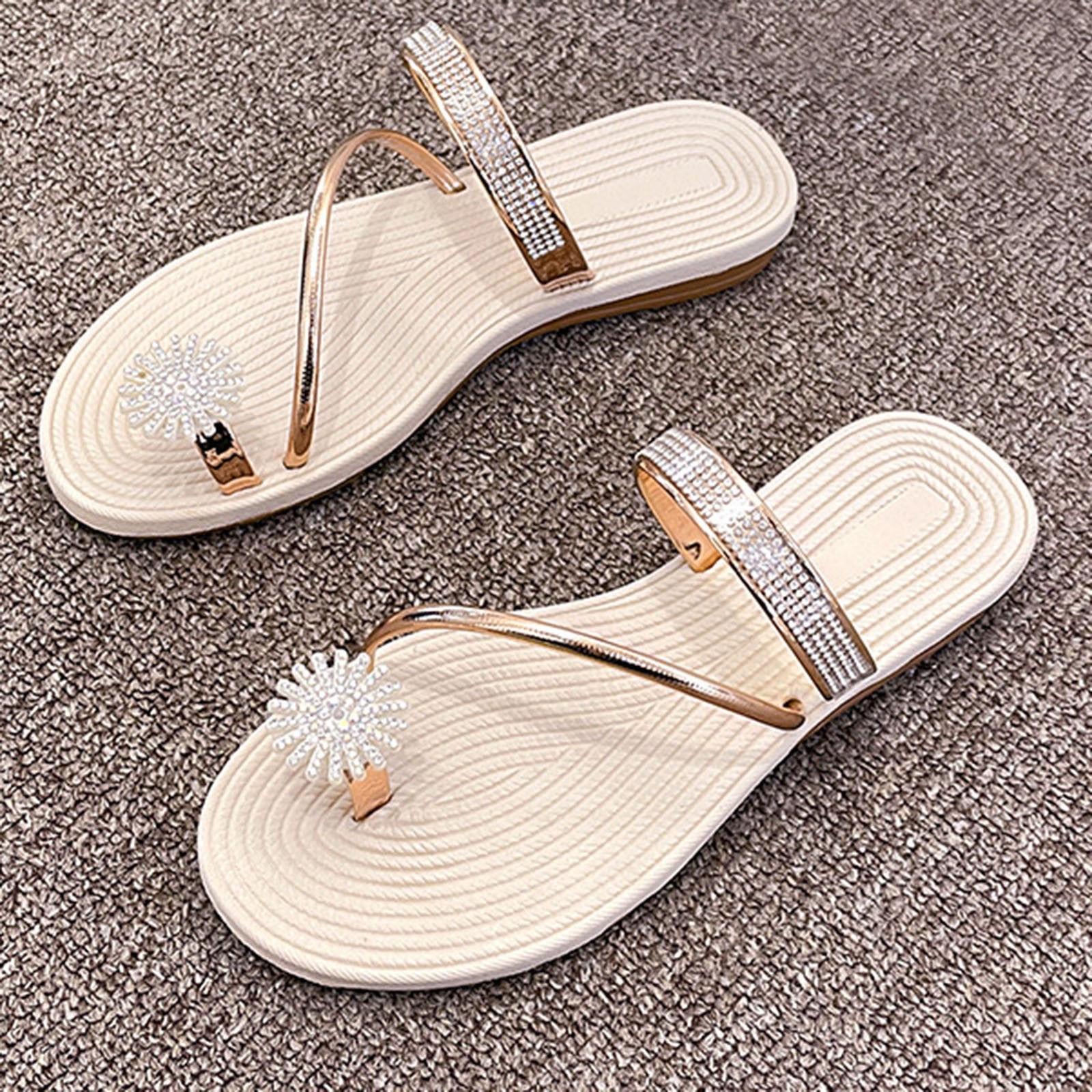 Pearl Set Toe Elastic Sandals Flat Strap Slippers