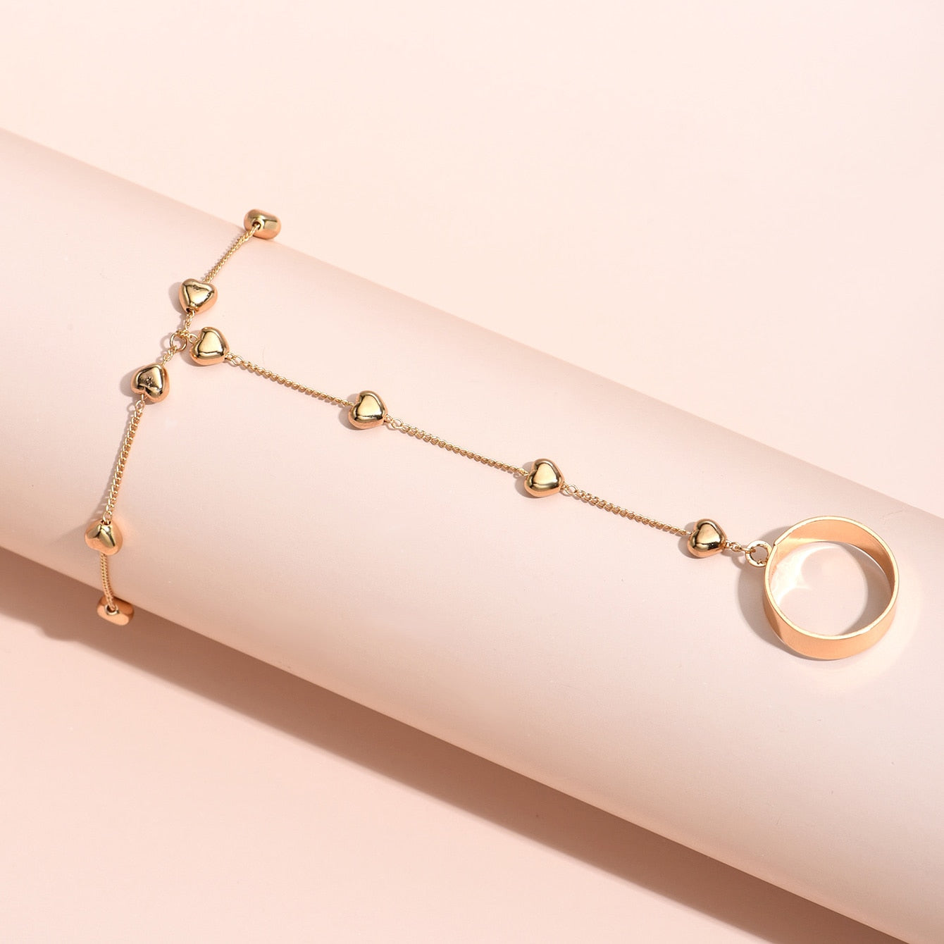 Simple Link Connected Gold plated Wide Finger Ring Bracelet
